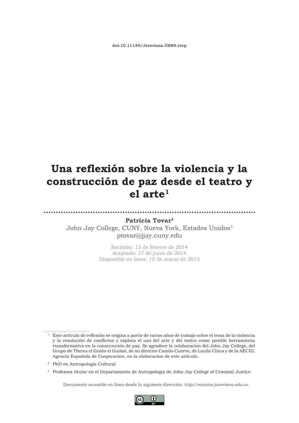 Una reflexion sobre la violencia y la construccion de paz desde el teatro y el arte